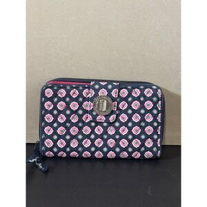 Vera Bradley Turnlock Wallet Navy Pink Green Geometric Quilted Cotton Zip Around